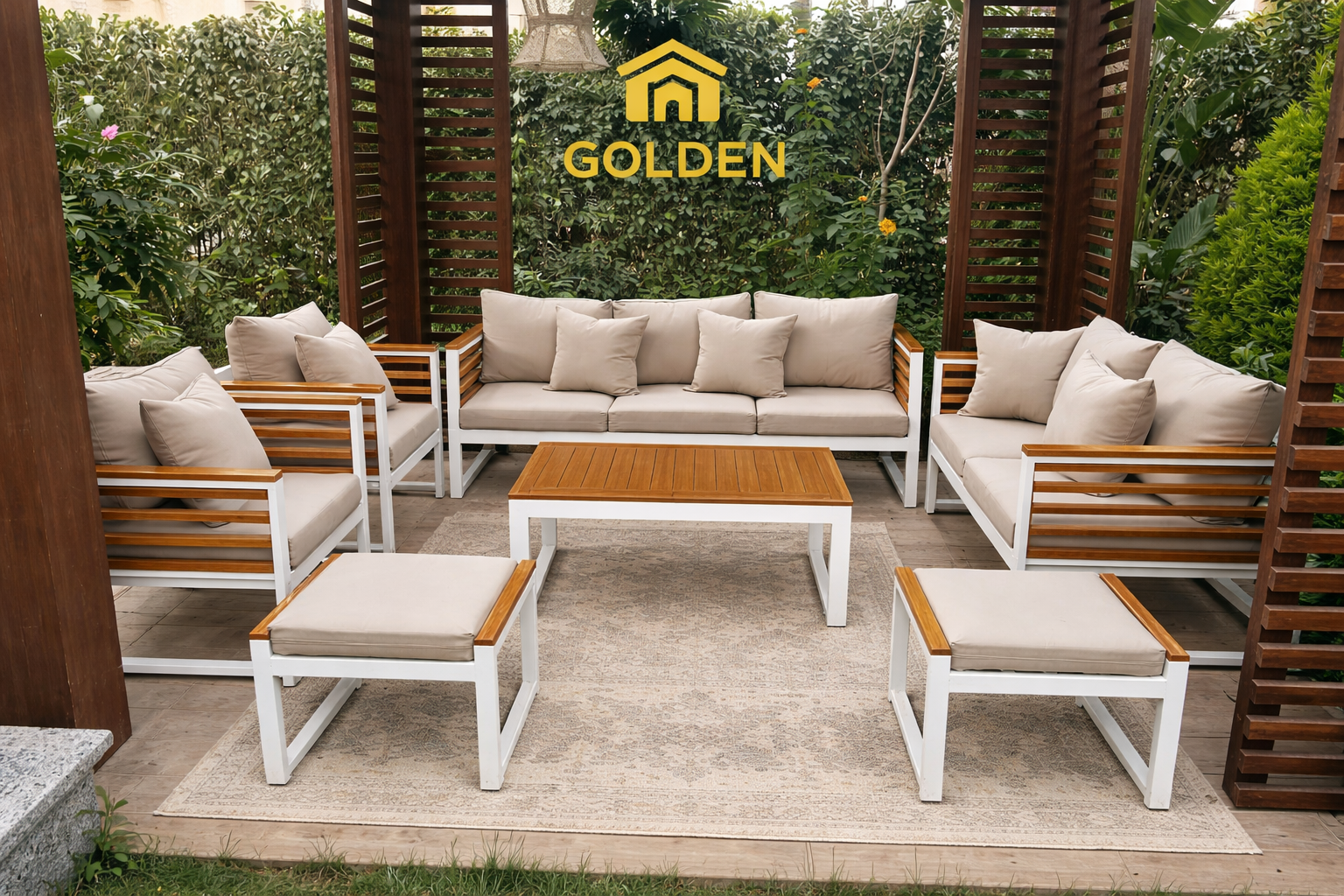 طقم أنتريه خارجي فاخر – تصميم مودرن Premium (خشب سويدي + هيكل أبيض)